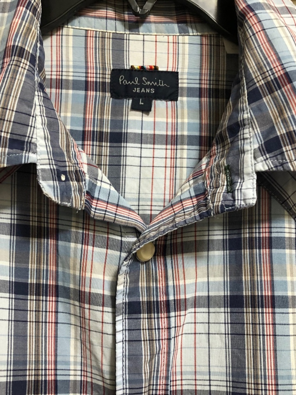 Paul Smith mens Large plaid snap front shirt blue white red navy